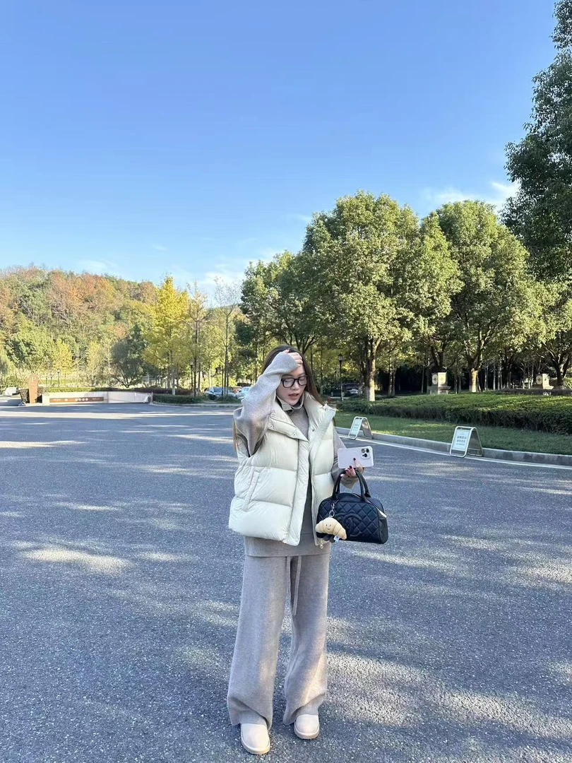 2025秋冬新款韩系百搭立领棉服马甲外套半高领针织衫高腰阔腿裤