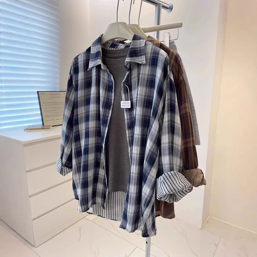 藏青格子衬衫外套女士2024秋季新款宽松慵懒复古显瘦衬衣百搭上衣