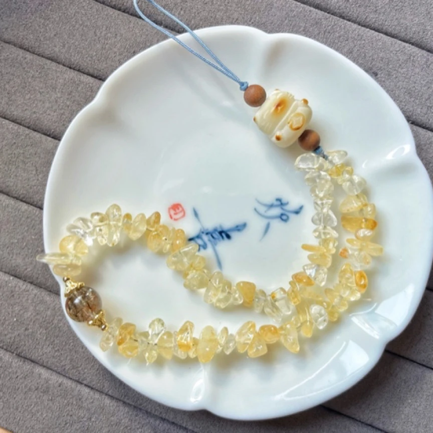 （高档手机挂系列）碎金金天然黄水晶黑金超七招财猫挂件手机挂