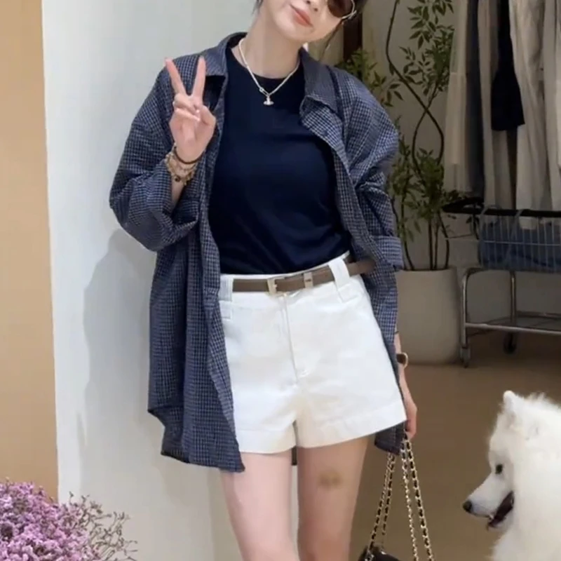 复古高级蓝色格子衬衫外套女春秋季新款小众慵懒宽松长袖衬衣上衣