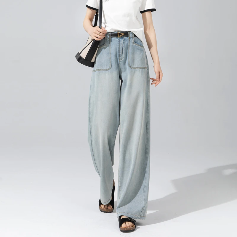 天丝牛仔裤女2025新款夏季薄款阔腿裤宽松慵懒风浅色直筒裤大口袋