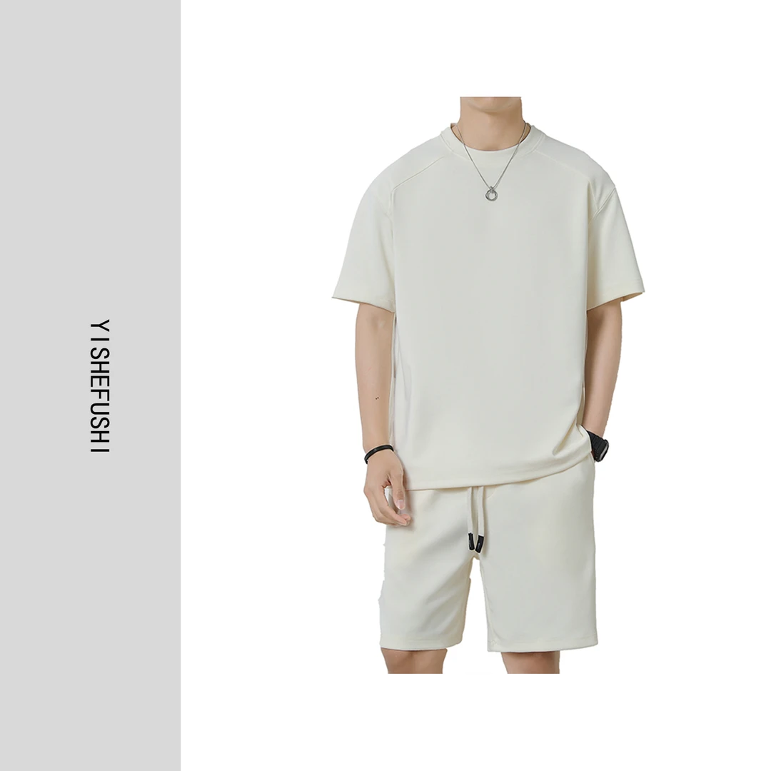 夏款上新 男士纯色插肩袖光板简约休闲套装5551