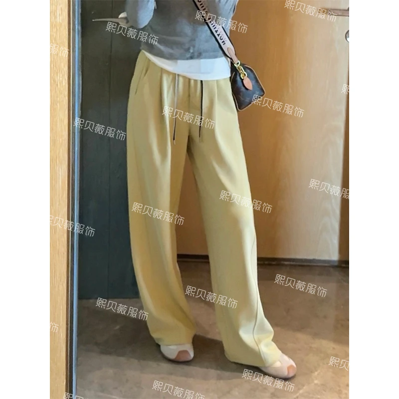 熙贝薇6 2025春季新款松紧腰拼色腰带宽松镰刀阔腿卫裤 G7179