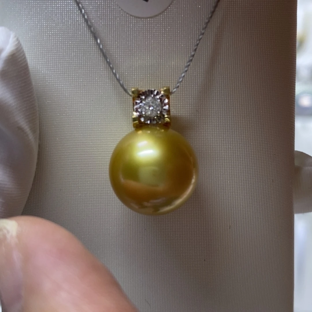 海水珍珠吊坠(不含链)18K金镶嵌金珠13-14mm