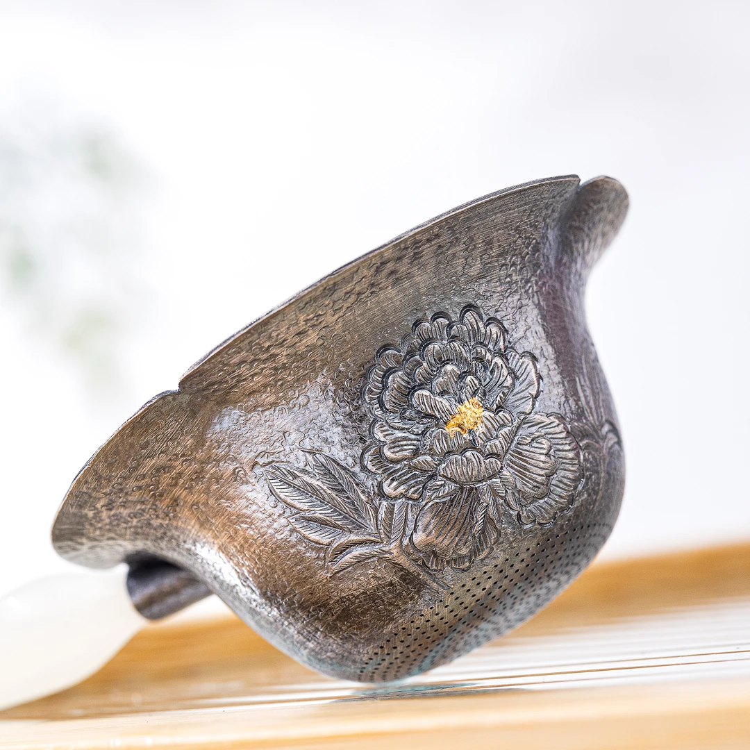 蜂鸟工坊 文创系列 荷叶熏银錾刻牡丹花朵形滤网 FNN4154