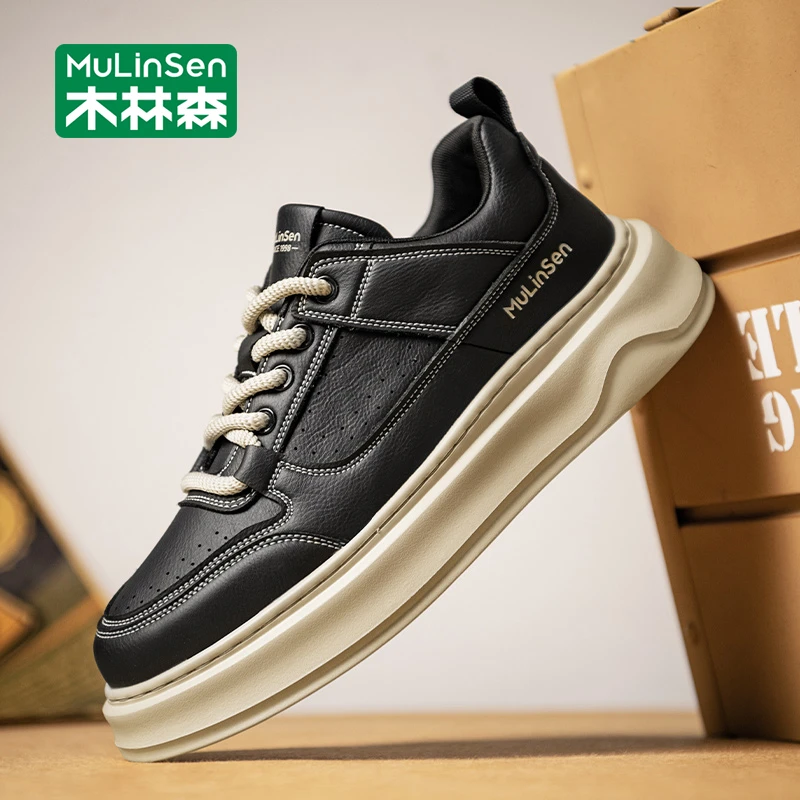 木林森男士板鞋2025新款秋季休闲皮鞋男款厚底耐磨增高工作潮鞋