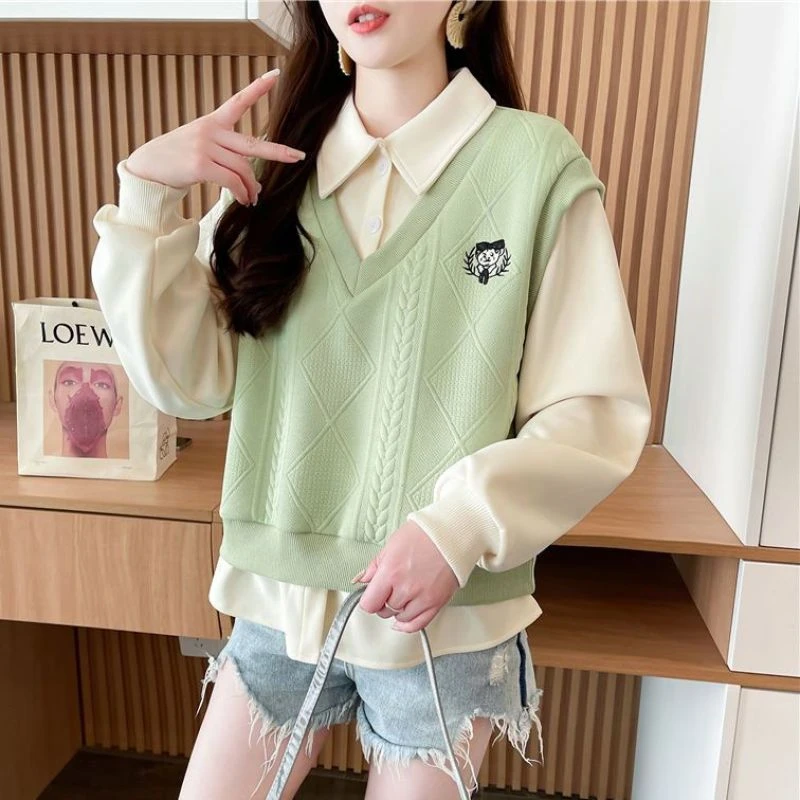 学院风假两件撞色拼接polo领薄款卫衣女韩版宽松春秋新款减龄上衣