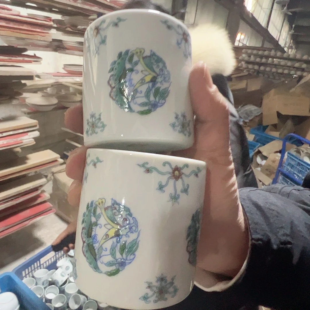 瓷景德镇高温陶瓷老白胎团蝶2只