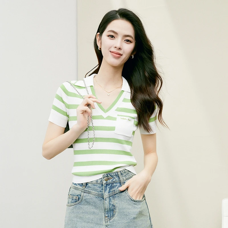【断码清仓拼手速】短袖条纹弹力针织短袖女24022634