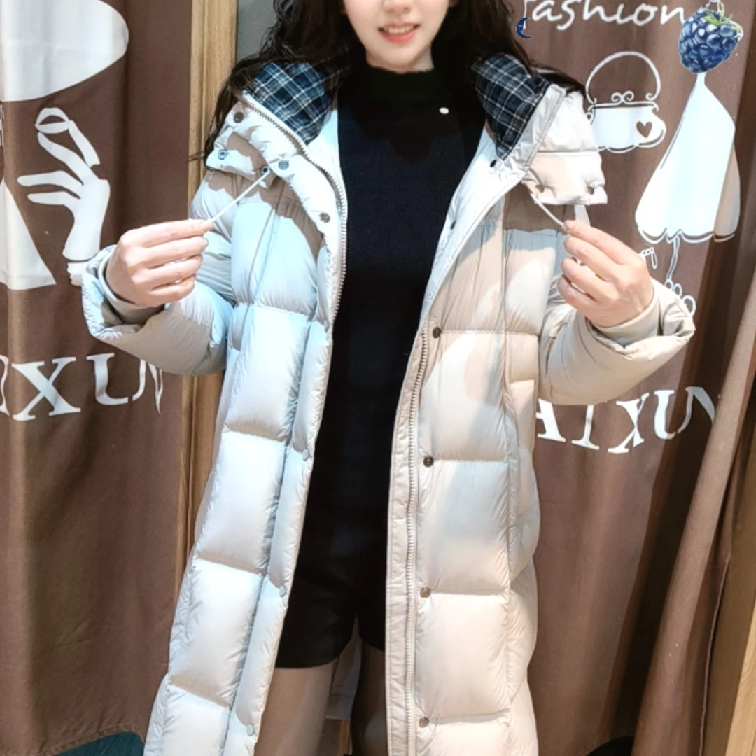麦寻冬季新款时尚长款连帽白鸭绒保暖羽绒服