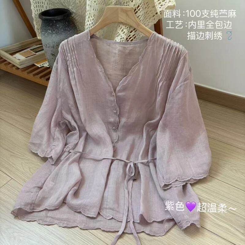 小柒家084-春夏休闲荷叶系带衬衫甜美淑女短袖轻薄衬衣