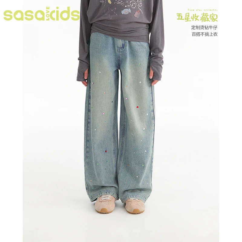 sasakids复古水洗蓝牛仔彩色烫钻显腿长百搭休闲宽松直筒长裤女童