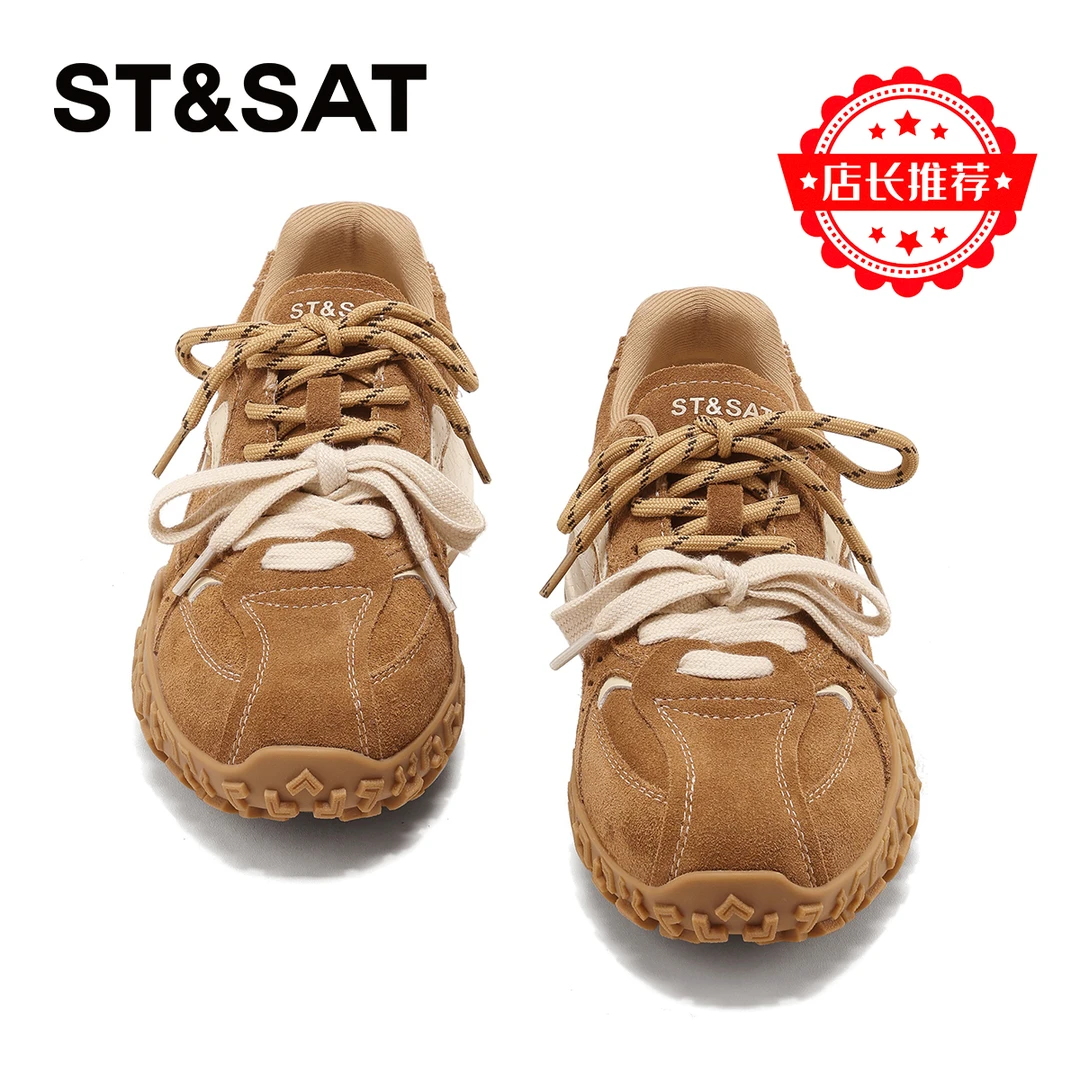 星期六真皮双系带阿甘鞋女士2025年秋冬款厚底潮流时尚轻便德训鞋