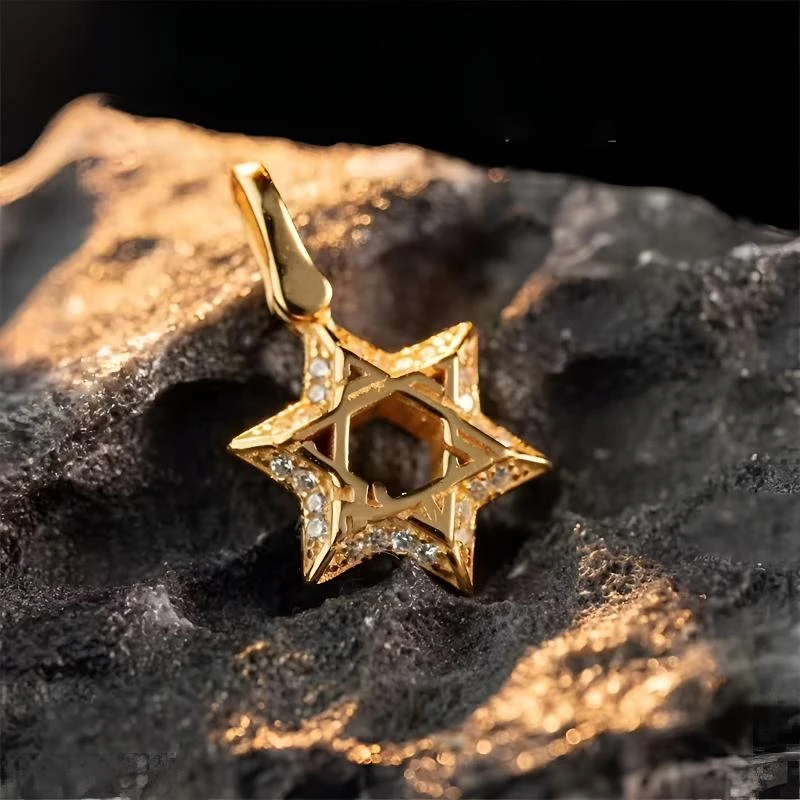 铜合金吊坠 镀18k立体镂空金色六芒星吊坠小众高级感设计项链挂坠