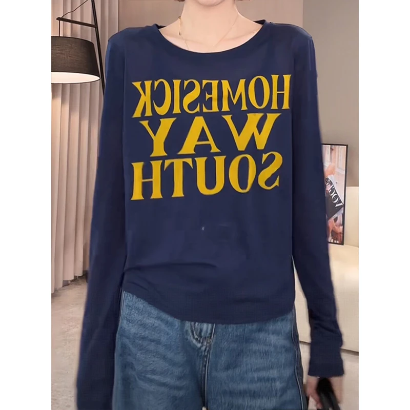 韩系圆领潮牌复古T恤夏季新款女装趣味字母印花防晒长袖罩衫上衣