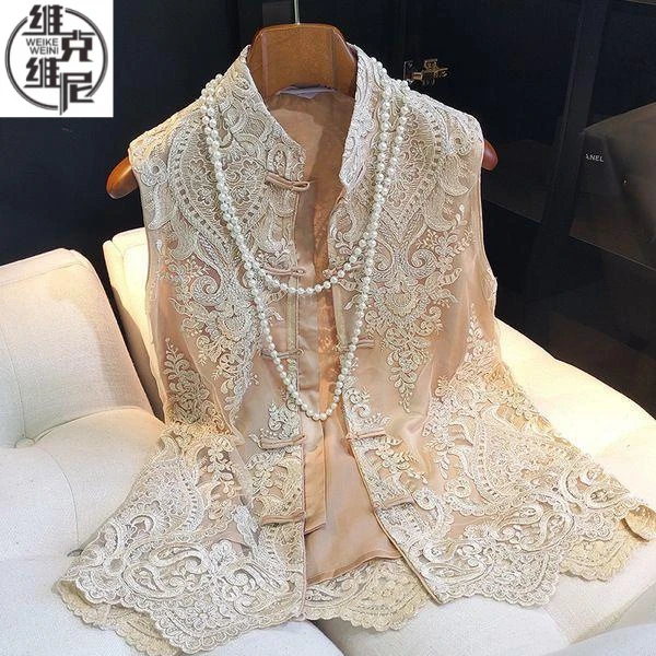 新中式轻国风高级感蕾丝马甲女夏季薄款马夹盘扣上衣无袖坎肩背心