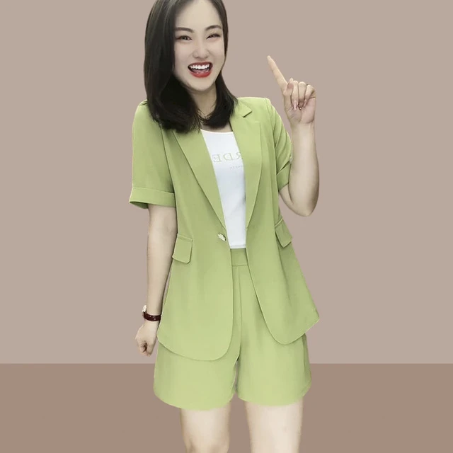 高级感薄款时尚西服套装女短袖小西装2025夏季新款冰丝短裤两件套