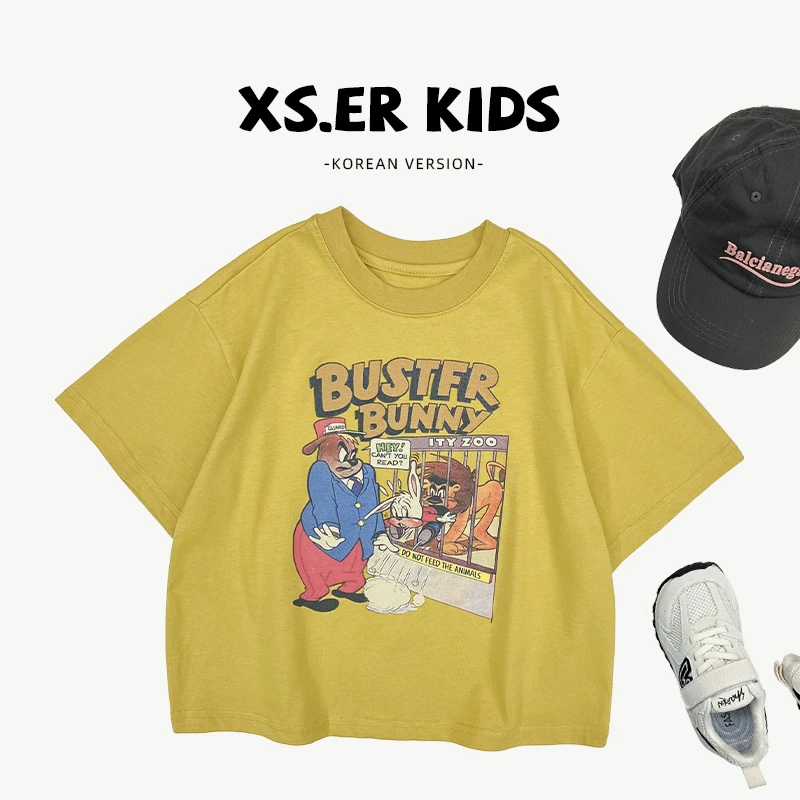 【兔小呗】夏装儿童韩版潮流撞色拼接圆领宽松套头短袖T恤SJ5572