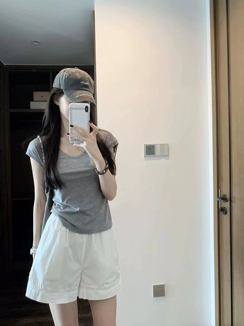 （白色牛仔短裤）宽松夏季百搭时尚高腰运动显瘦辣妹外穿薄款纯色