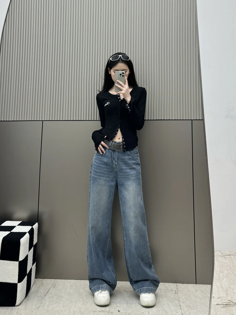 2026春款美式复古直筒牛仔裤女新款中腰显瘦垂感拖地阔腿裤Y5012