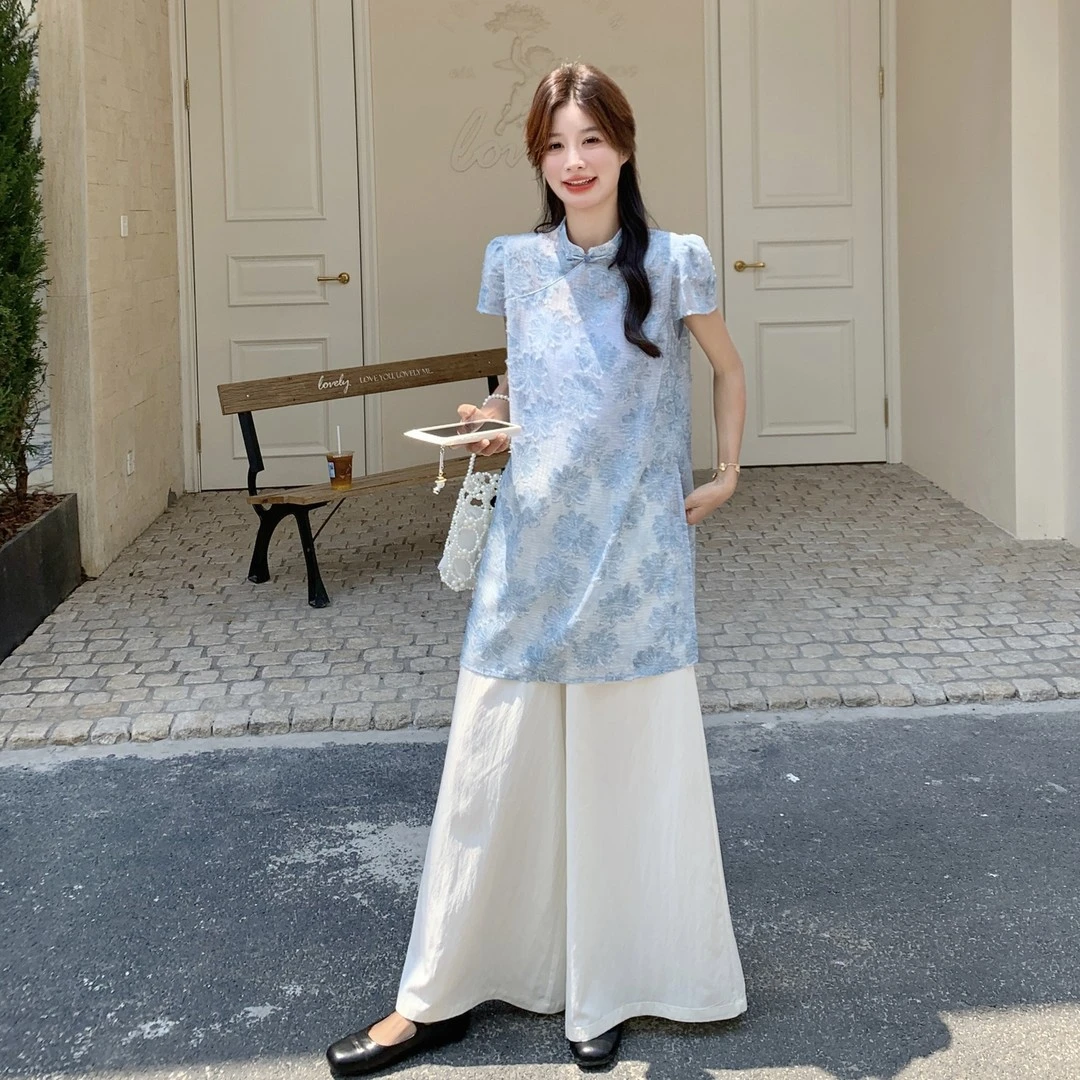 新中式复古国风旗袍短袖上衣+阔腿裤两件套女2025夏季新款套装潮