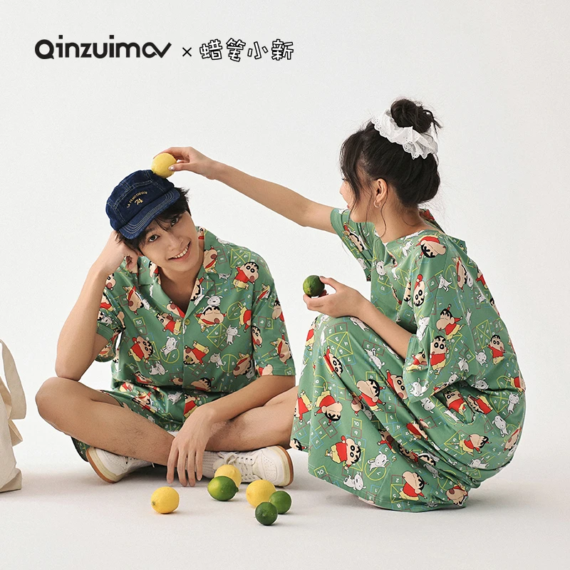 亲嘴猫【蜡笔小新】睡裙女夏季卡通可爱满印情侣短袖睡衣睡裙家居服