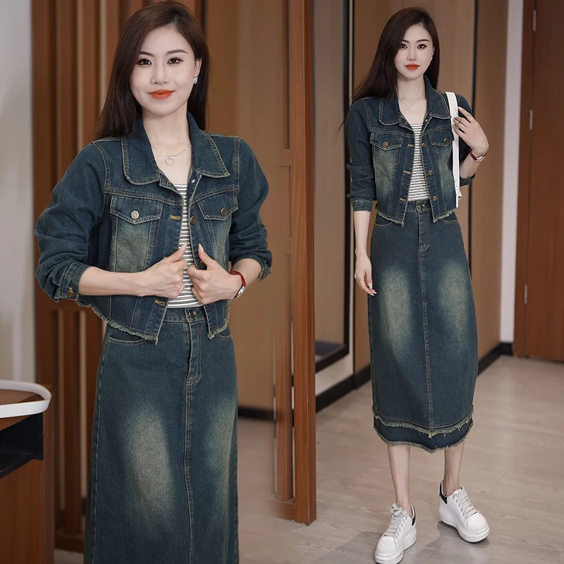【有间】爆款连衣裙套装女2025春装新款气质韩版牛仔外套长裙两件套