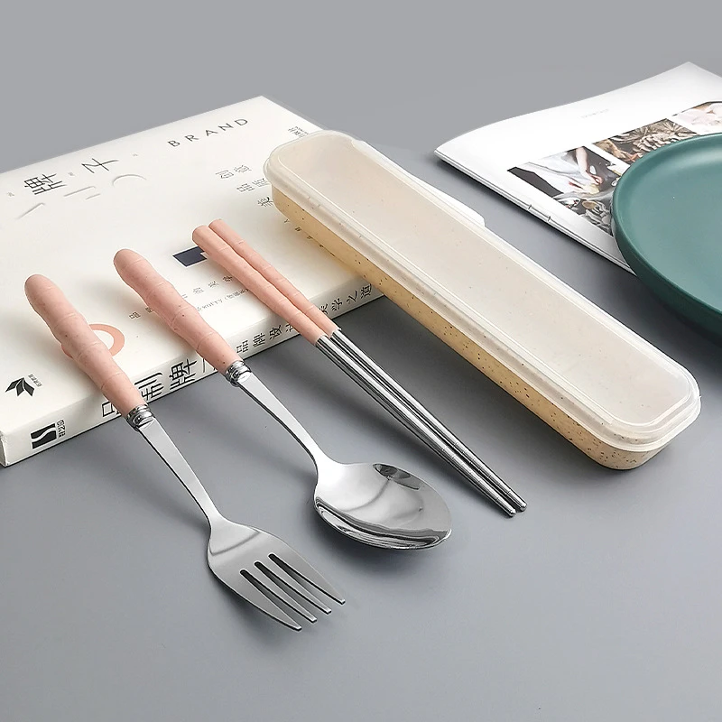 小麦秸秆竹节餐具套装塑料柄不锈钢餐具勺叉筷三件套便携餐具旅行