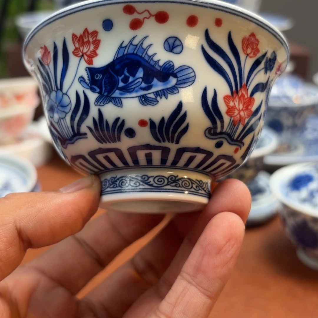 茶具鱼藻纹釉里红压手景德镇发货
