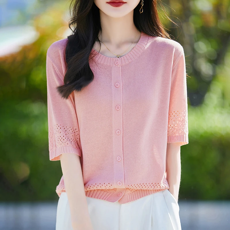 哥弟阿玛施正品夏季新款莱赛尔天丝圆领下摆镂空显瘦短袖开衫女