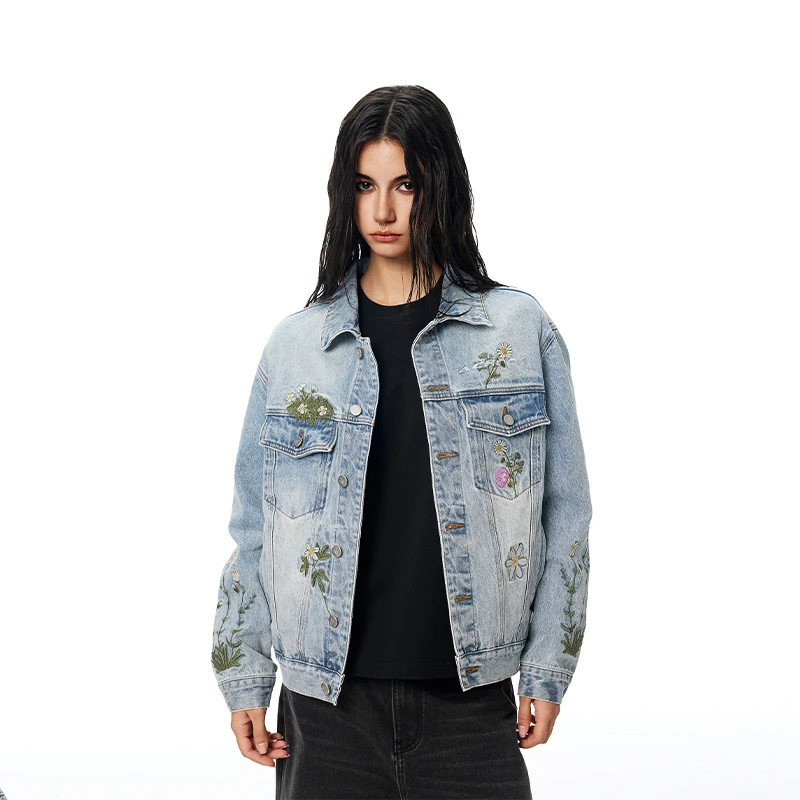 【Achock官方店】水洗牛仔花卉重工刺绣短款外套潮牌新款翻领夹克