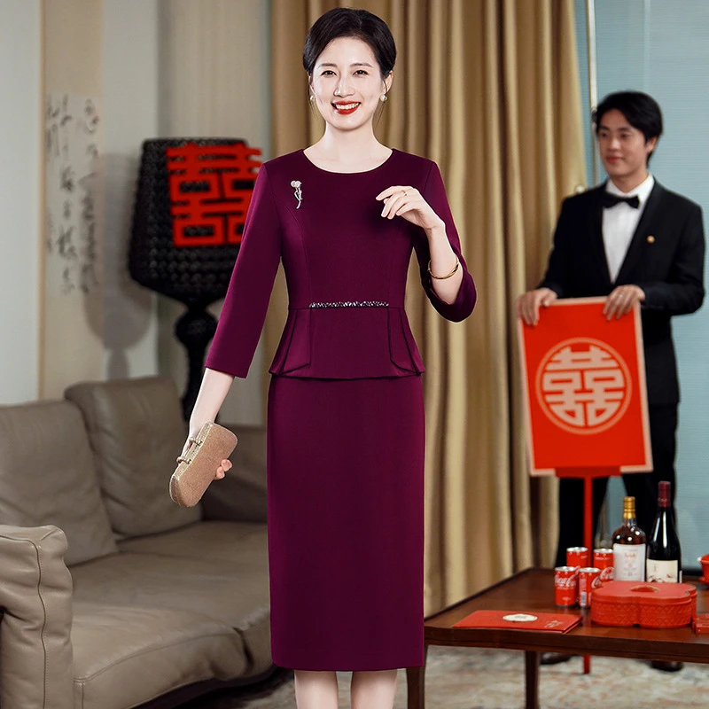 新款年轻妈妈婚礼气质假两件连衣裙平时可穿喜婆婆婚宴装高贵礼服