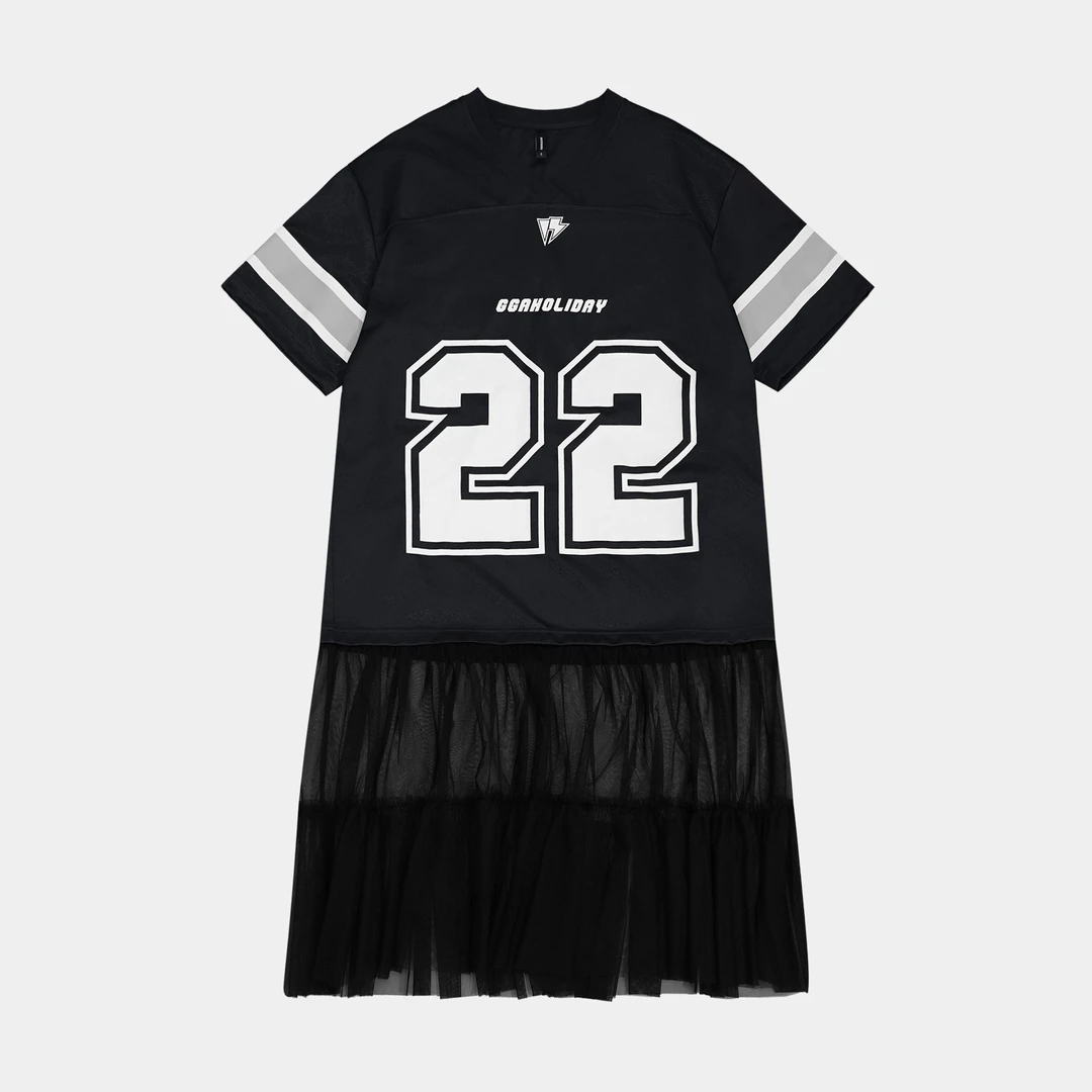 GGAHOLIDAY时尚休闲百搭显瘦复古网纱拼接球衣短袖连衣裙-152525