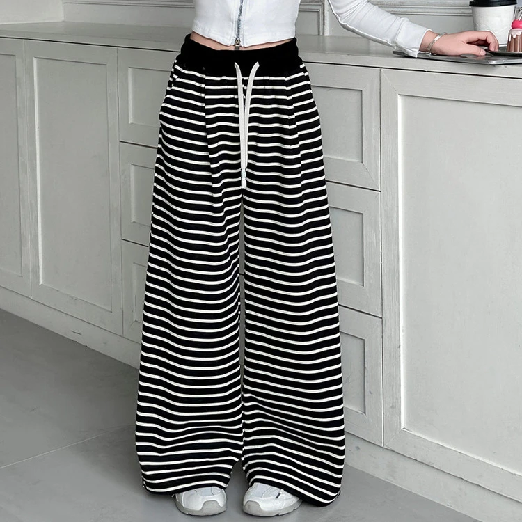 女童春秋阔腿裤2025新款女大童春装时髦条纹卫裤休闲直筒裤糯米裤