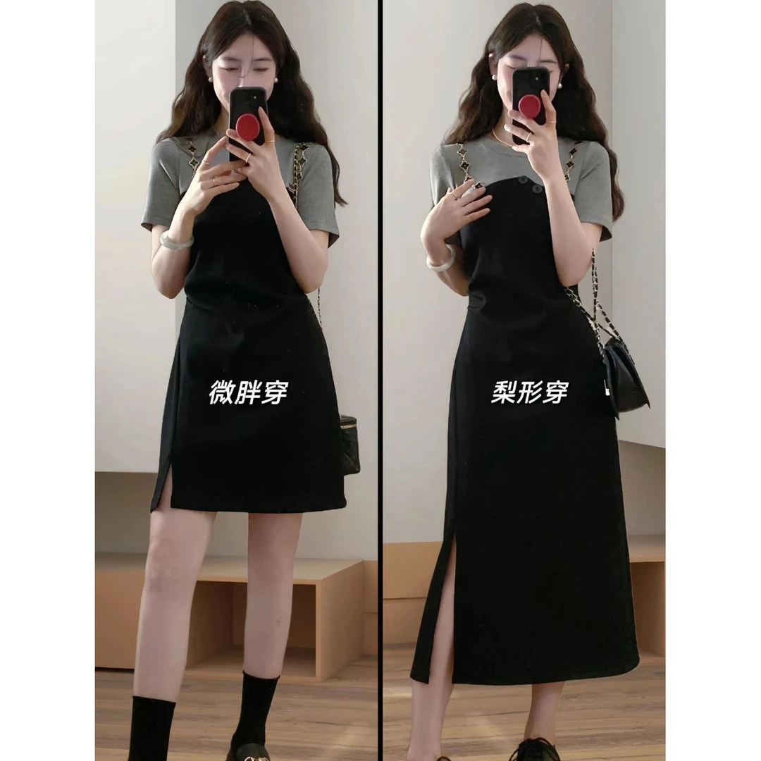 假两件收腰连衣裙女夏季新款微胖mm大码拼接设计