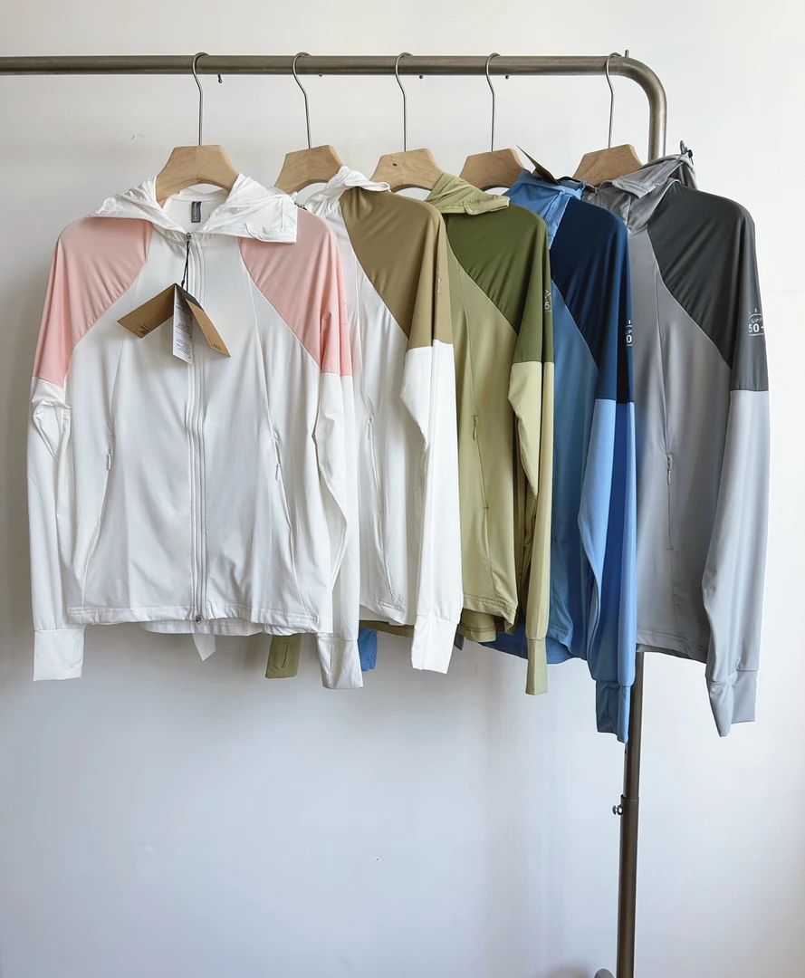 夏季冰丝防晒衣女弹力连帽拼接撞色轻薄款户外登山露营防晒服