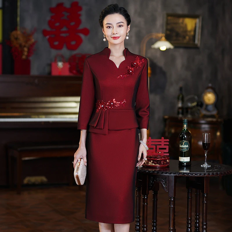 中老年妈妈装秋冬装新款结婚礼服年轻款旗袍喜服婚宴连假两件拼接