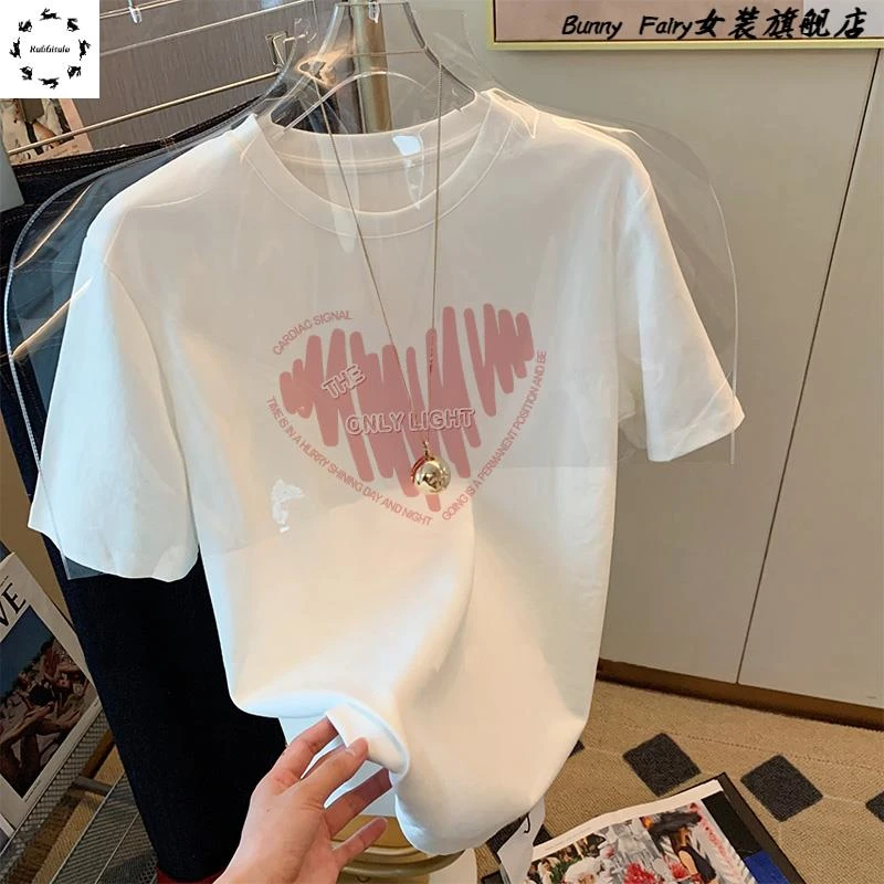 涂鸦爱心纯棉正肩短袖t恤女2025新款夏季白色半袖体恤百搭上衣潮