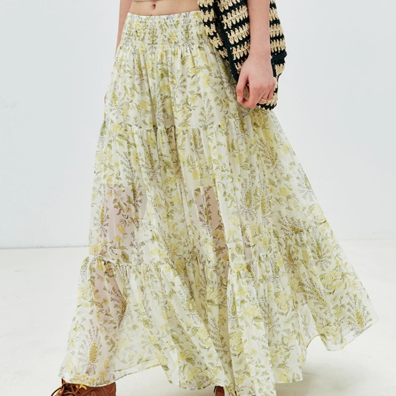 La Chapelle/拉夏贝尔塞纳河絮语%人丝顺纡绉腰果印花半裙碎花裙