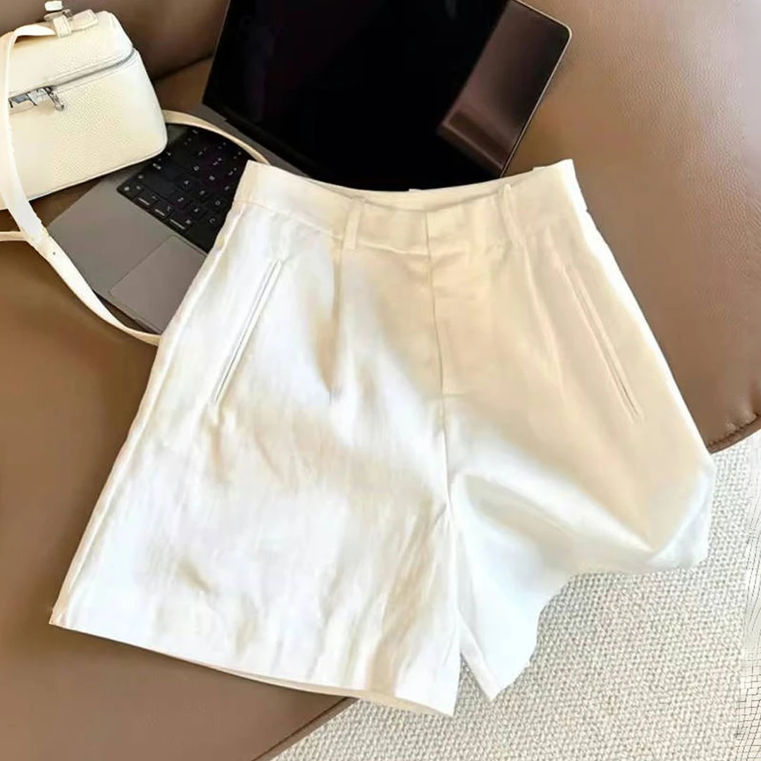 推荐！老钱风白色天丝苎麻阔腿短裤女2025夏季高腰西裤女夏季薄款