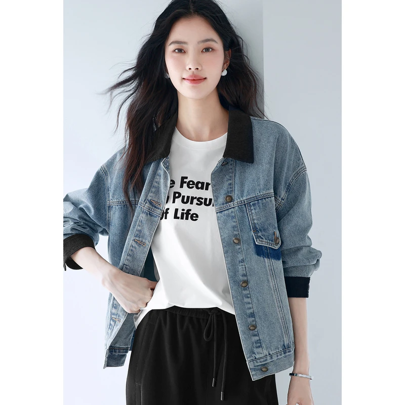 伊芙丽撞色拼接超好看牛仔外套25春装新款设计感上衣欧若风女款