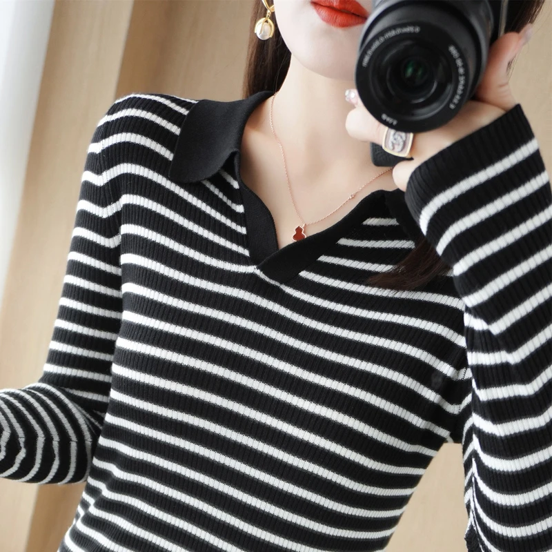 精纺羊毛撞色条纹套头毛衣翻领长袖时尚显瘦内搭A225