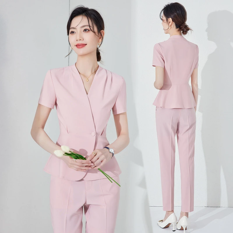 短袖时尚套装气质夏季正装工作黑色修身面试商务女神范西装6202