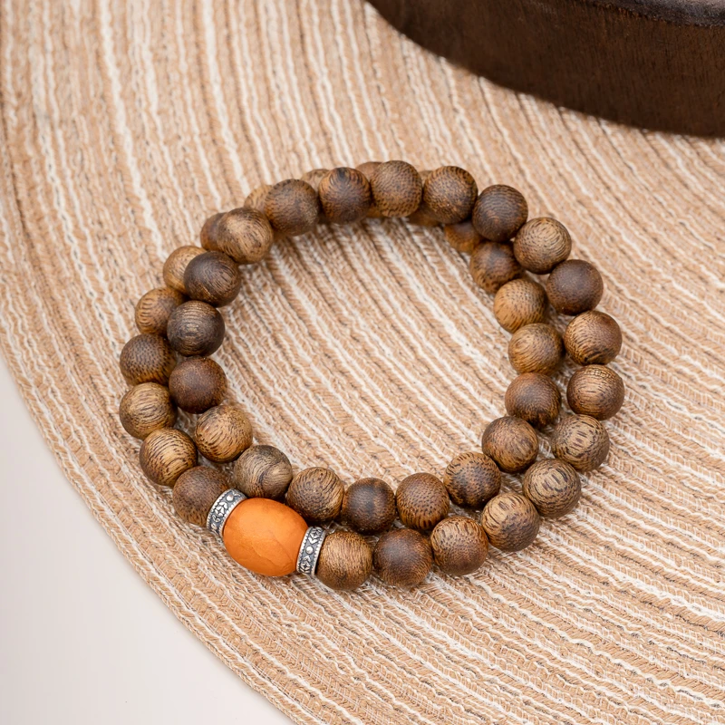 沉香海南白奇沉香9mm蜜蜡枣珠双圈手串s925银花纹木质文玩