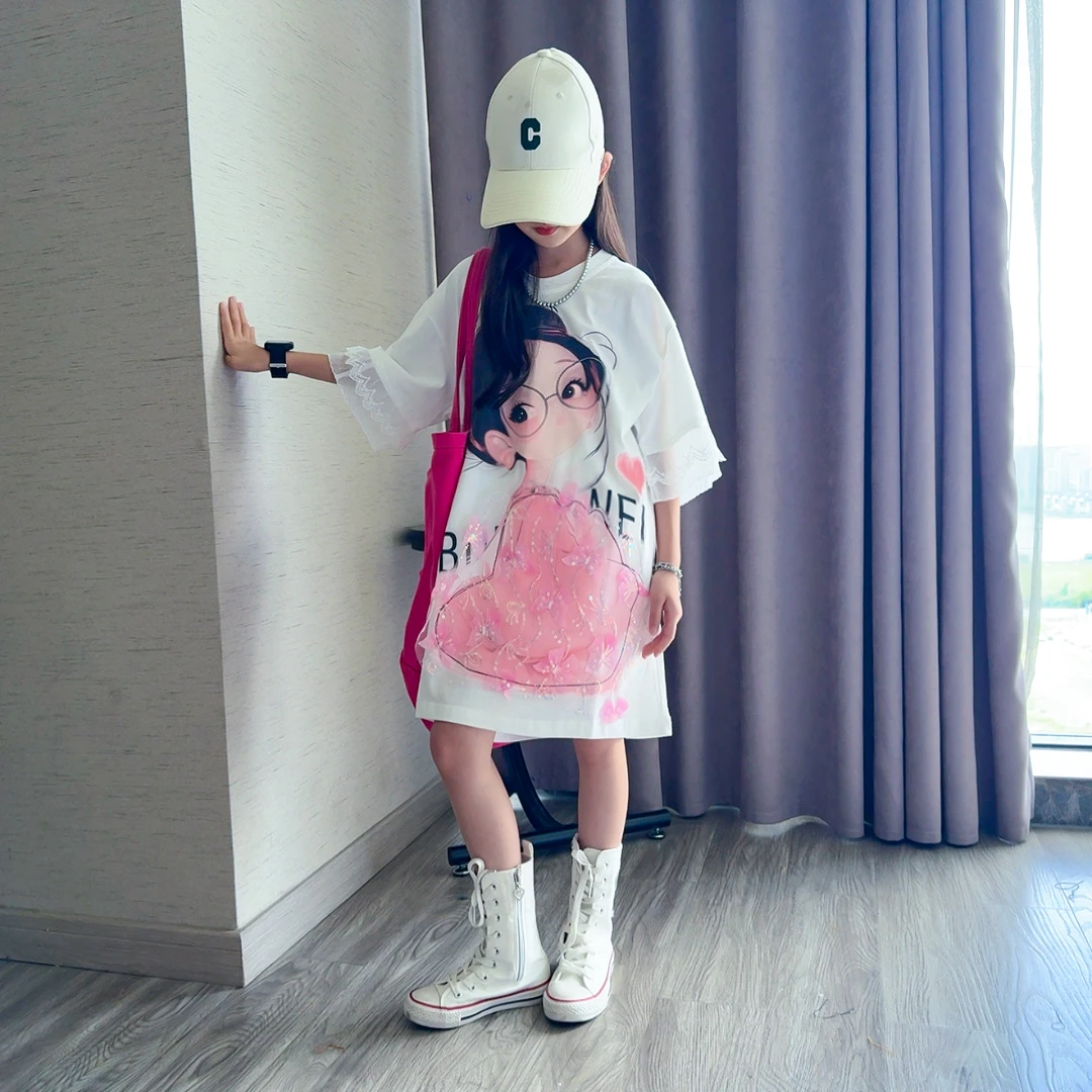 女童短袖t恤夏装新款2025中大童卡通宽松半袖体恤衫中长款甜美风