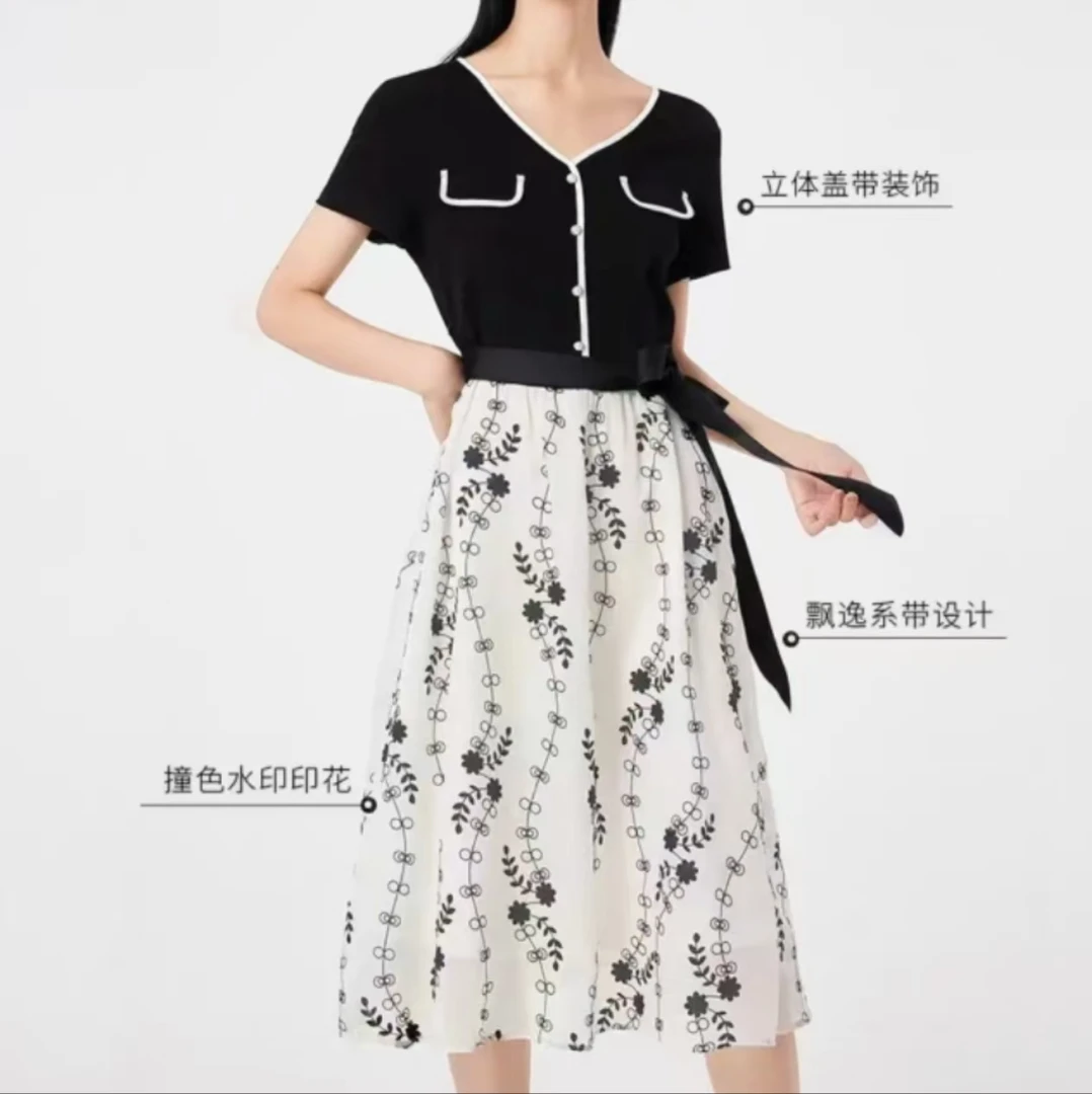 H2455 黑色针织拼色印花中长裙独立设计夏季新款减龄连衣裙