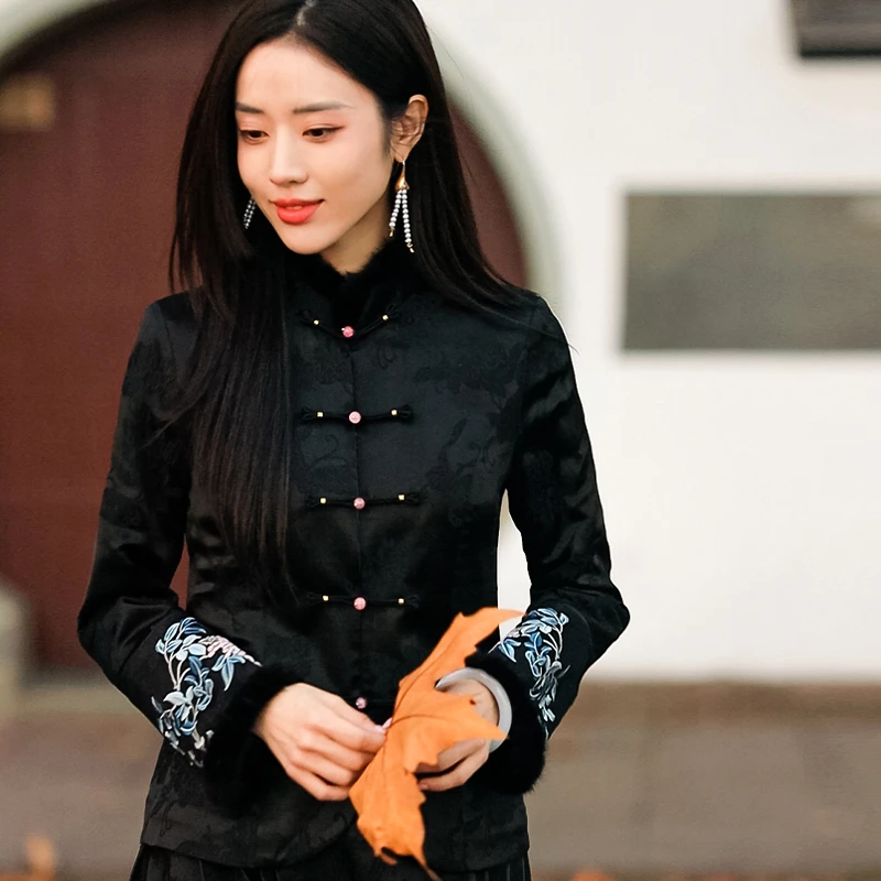 复古日记“拜年服”三季可穿新中式立领刺绣加绒加厚国风女士衬衫