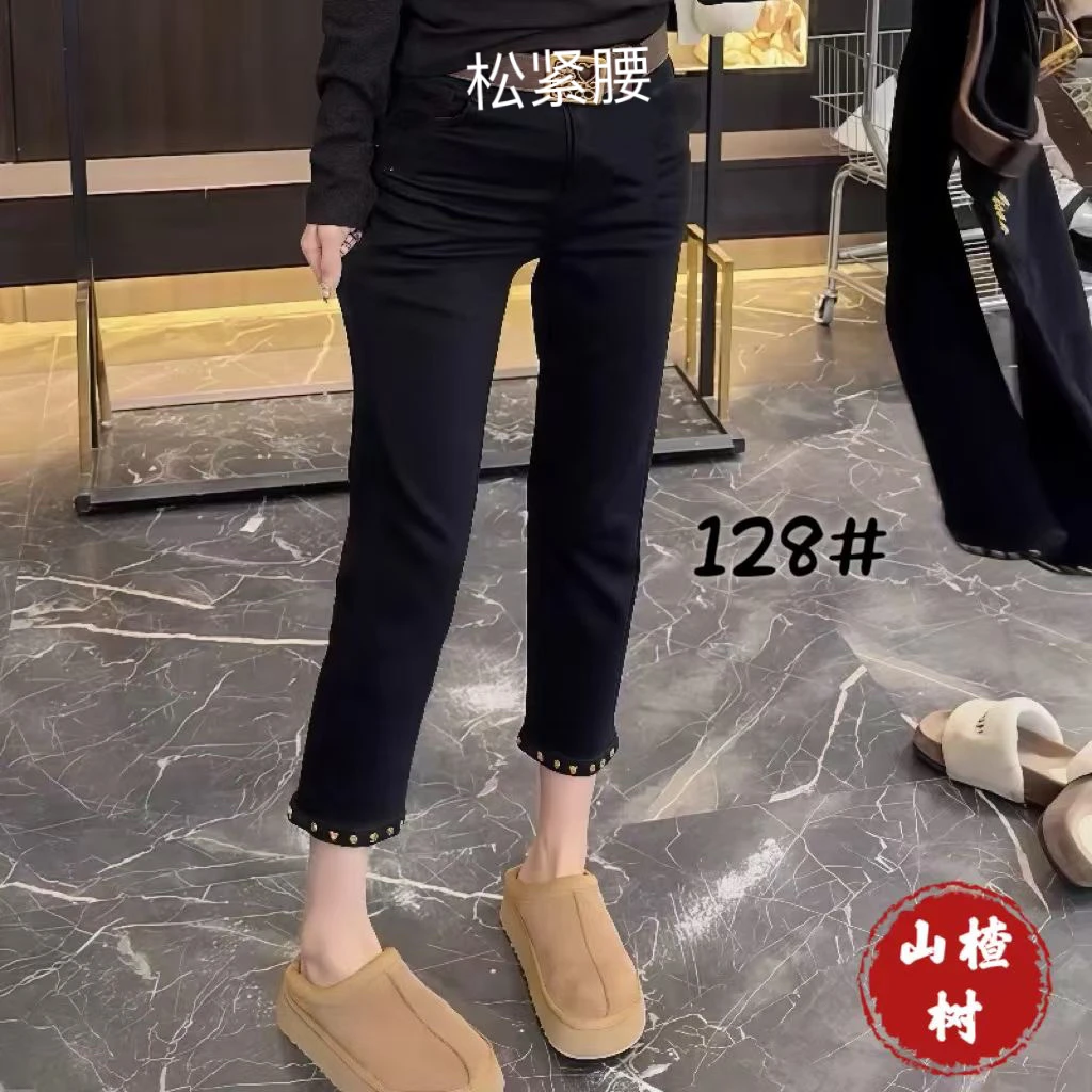 128-春款设计感大码时尚高弹力重工钉珠裤