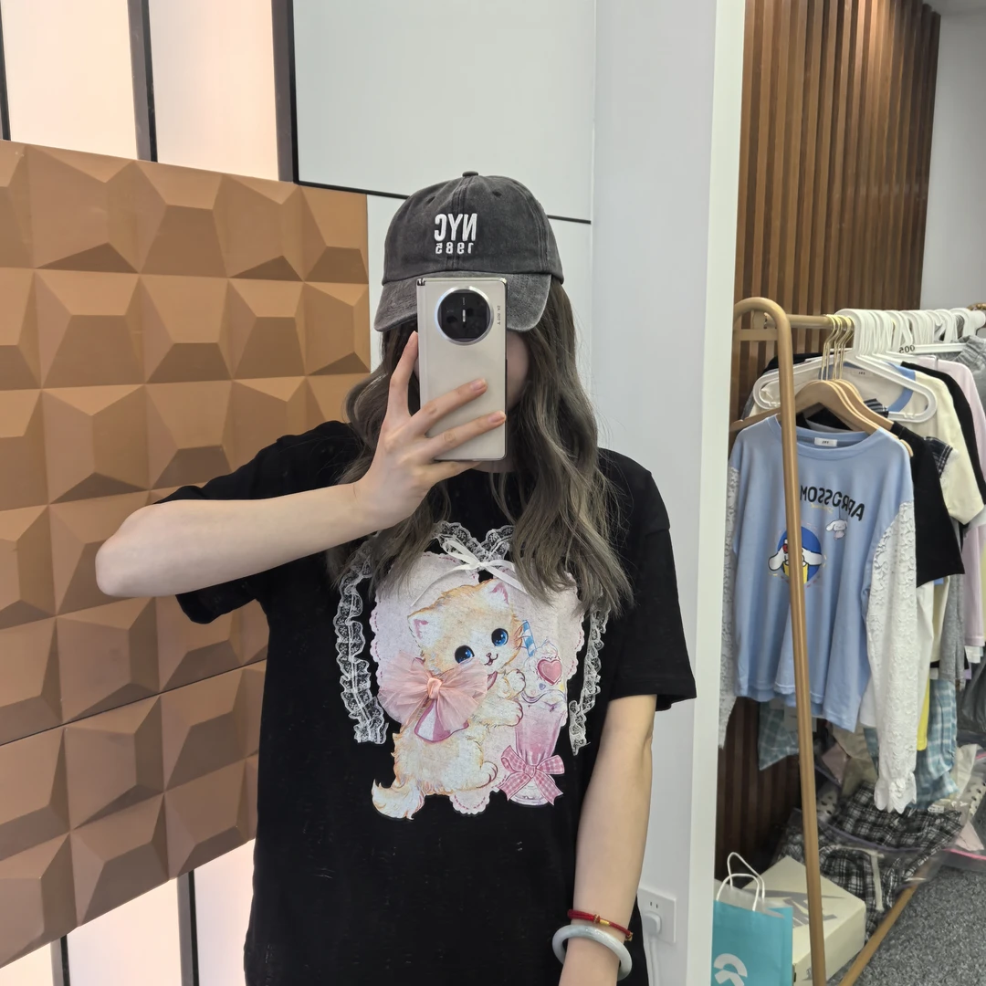 超薄不透亚麻~韩代25夏季 爱心猫咪印花立体蝴蝶结显瘦短袖T恤