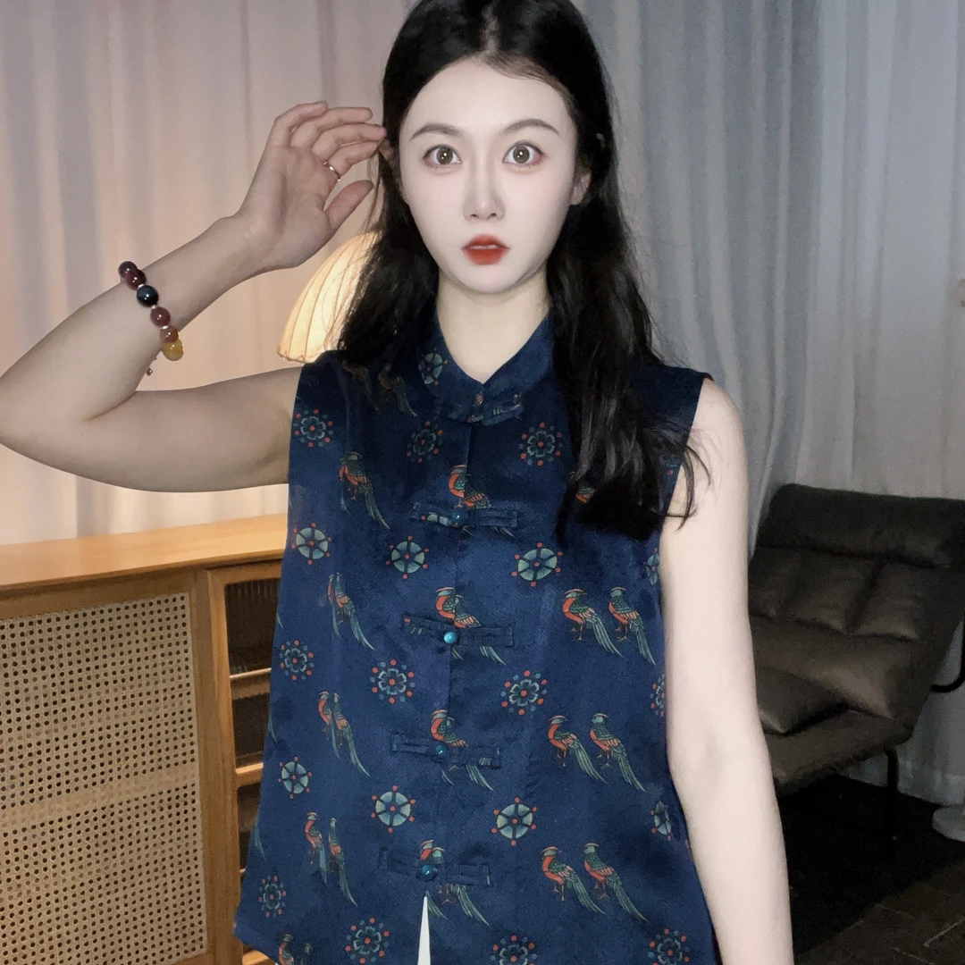 全蚕丝香云纱蓝翟鸟马甲